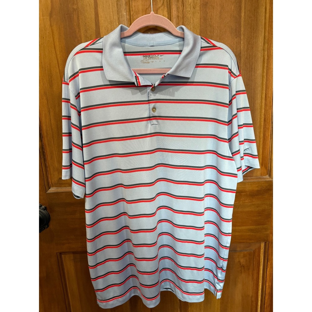 Nike Golf Tour Performance Striped Polo Shirt Light Blue Red Mens XL